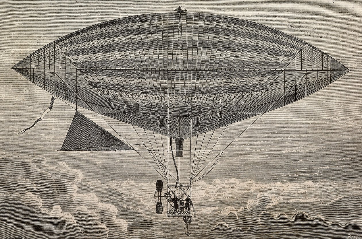Balão eléctrico com hélice, um protótipo de Gaston (18473-1899) e Albert Tissandier (1839-1906), Paris, França, gravura de L