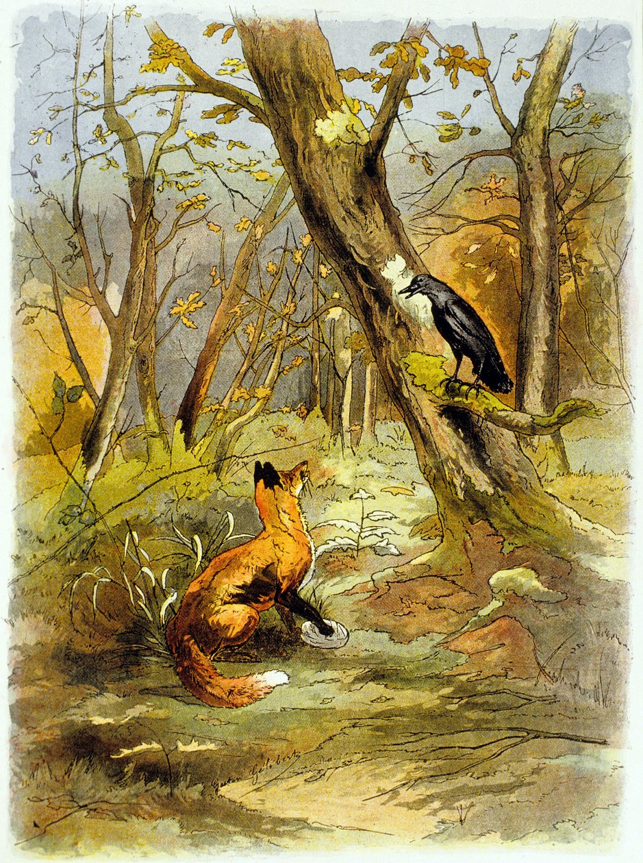 Fábula de La Fontaine : The Crow and the Fox (ilustração, c. 1900) de Gaston Gelibert