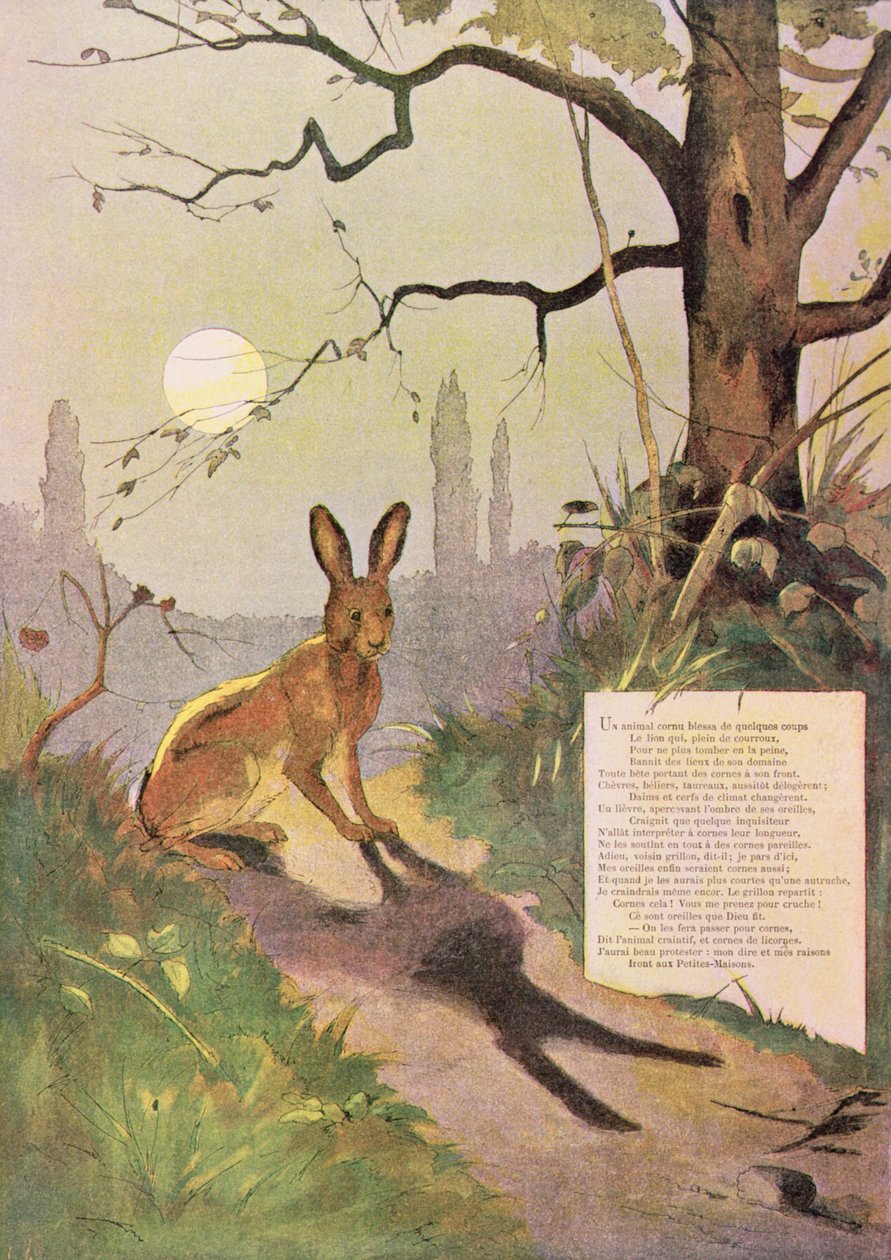 As orelhas da lebre, de fábulas por Jean de La Fontaine (1621-95) (gravura a cores) de Gaston Gelibert