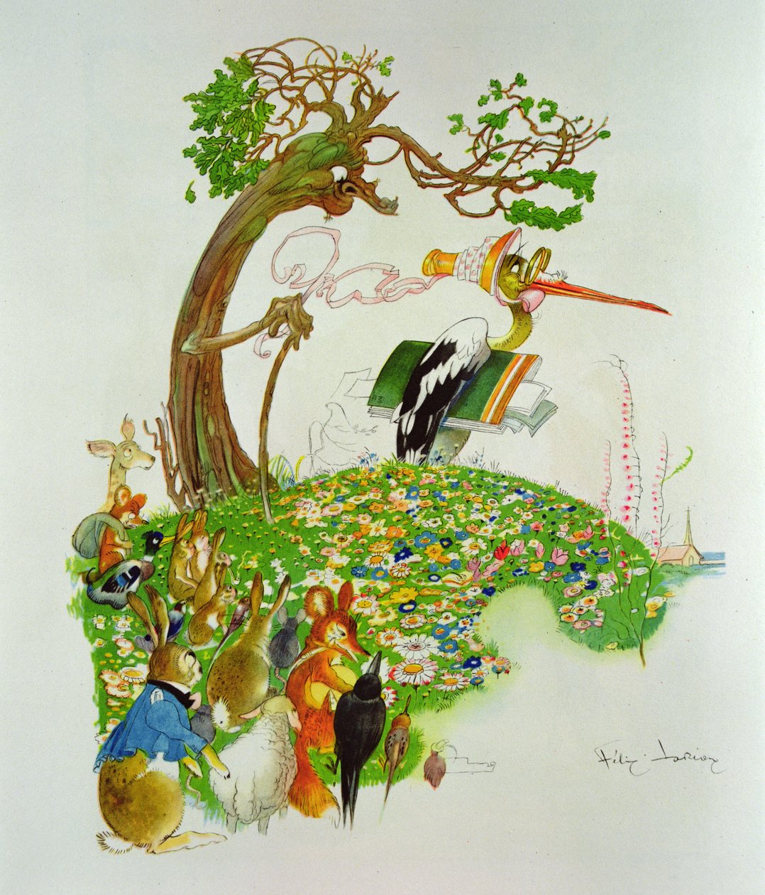 A Lebre e a Tartaruga, de Fábulas de Jean de La Fontaine (1621-95) (gravura colorida) de Gaston Gelibert