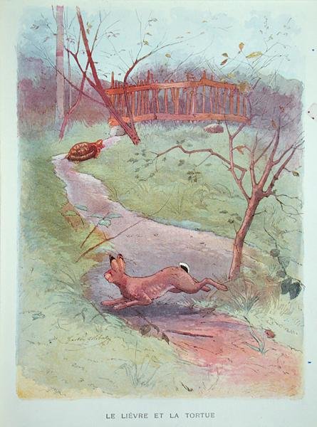 A Lebre e a Tartaruga, ilustração das fábulas de Jean de la Fontaine (1621-95) início do século XX de Gaston Gelibert