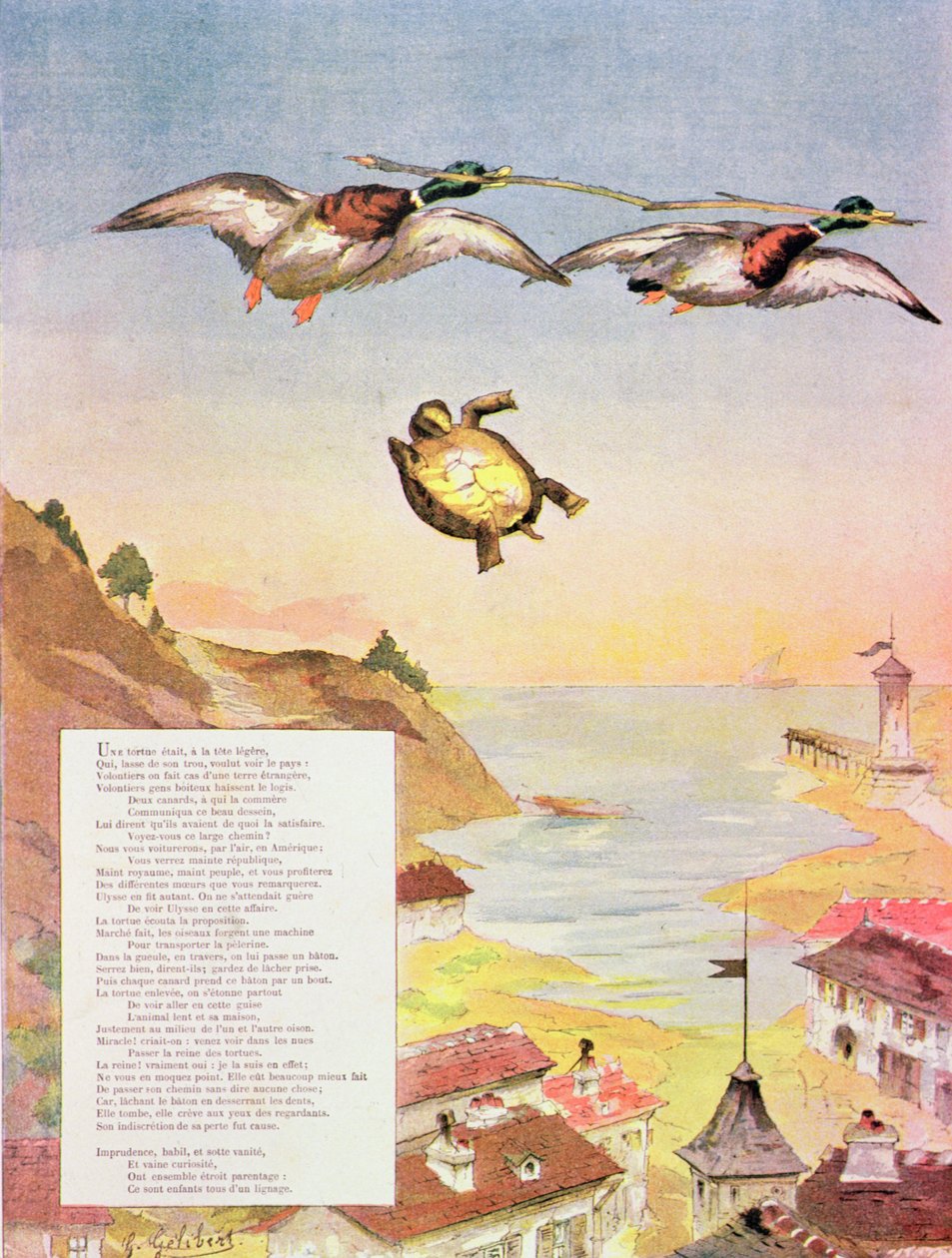 A tartaruga e os dois patos, das fábulas por Jean de La Fontaine (1621-95) 1888 (gravura da cor) de Gaston Gelibert