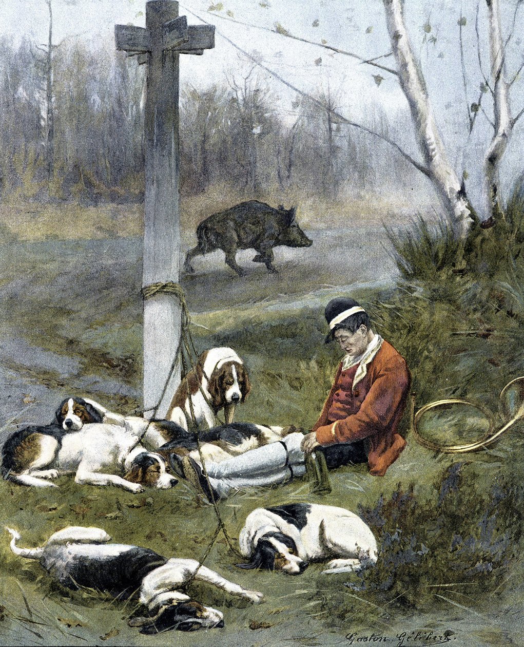 O caçador e os seus cães adormecidos - gravura de Gaston Gelebert de Gaston Gelibert