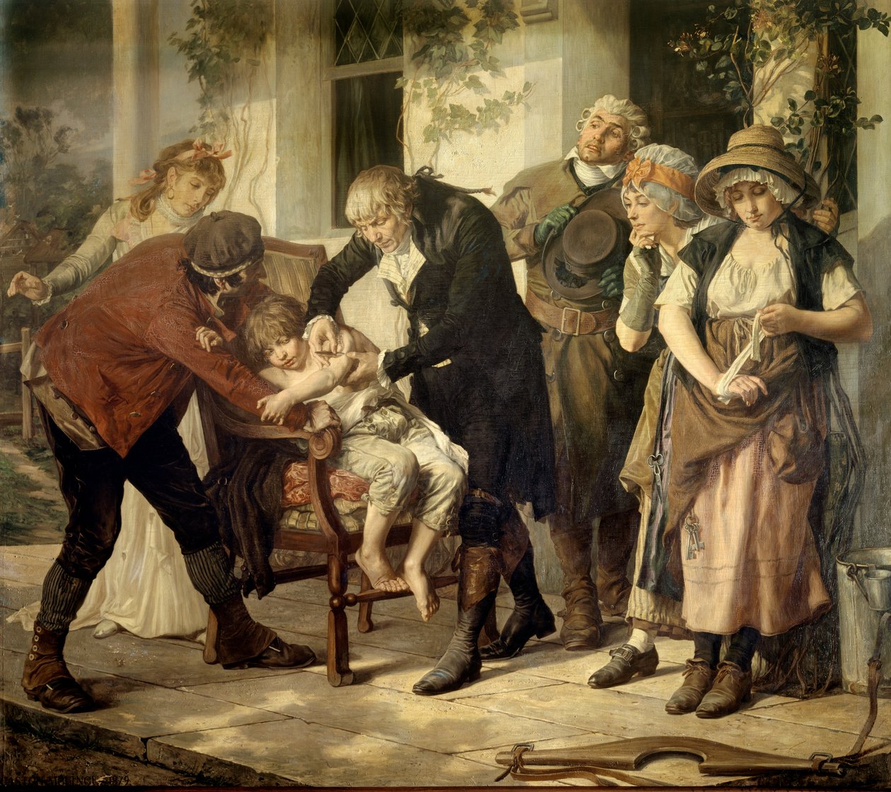 A primeira vacinação de Edward Jenner (1749-1823), médico britânico que descobriu a vacina contra a varíola pintada por Gaston Melingue (1840-1914) 1796 Paris, academia de medicina de Gaston Melingue