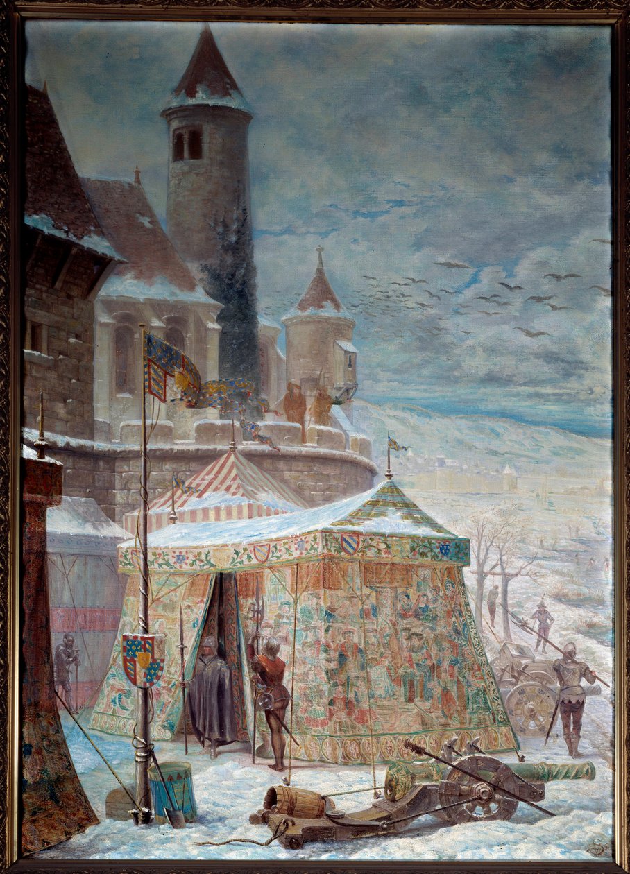 Guerra de Borgonha: "A tenda de Carlos o Temerário no cerco de Nancy" O Duque de Borgonha Carlos o Temerário morreu durante a Batalha de Nancy a 5/01/1477 que o opôs à Armee da Lorena e aos suíços de René II de Lorena. Tinta de Gaston Save