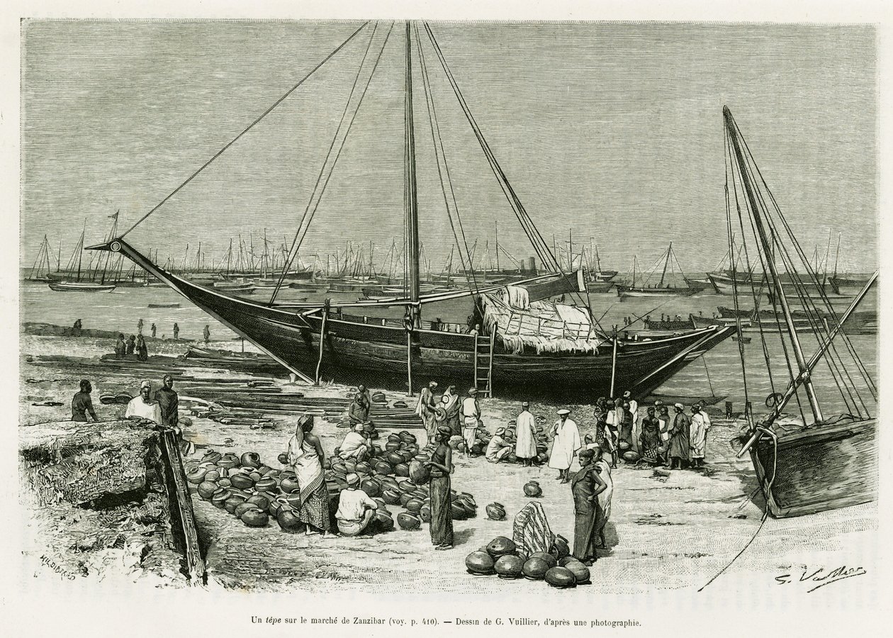 Um tepe no mercado de Zanzibar (Tanzânia). Gravura de G.Vuillier, para ilustrar a história Voyage among the Benadirs, Somalis and Bayouns, em 1882 e 1883, de G.Revoil, in le tour du monde 1888, dirigido por Edouard Charton (1807-1890), Hachette, Paris. de Gaston Vuillier