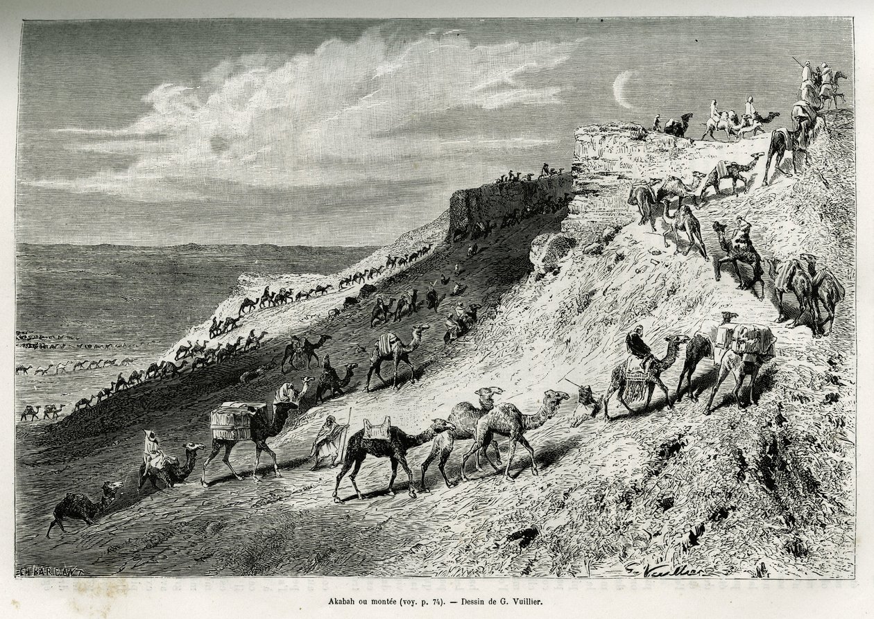 Akabah ou alinhar camelos da caravana. Gravura de G.Vuillier, para ilustrar a história "pelerinage au Nedjed, berço da raça árabe", de Lady Anna Blunt, em 1878-1879, publicada no Tour du monde, sob a direcção de Edouard Charton (1807-1 de Gaston Vuillier