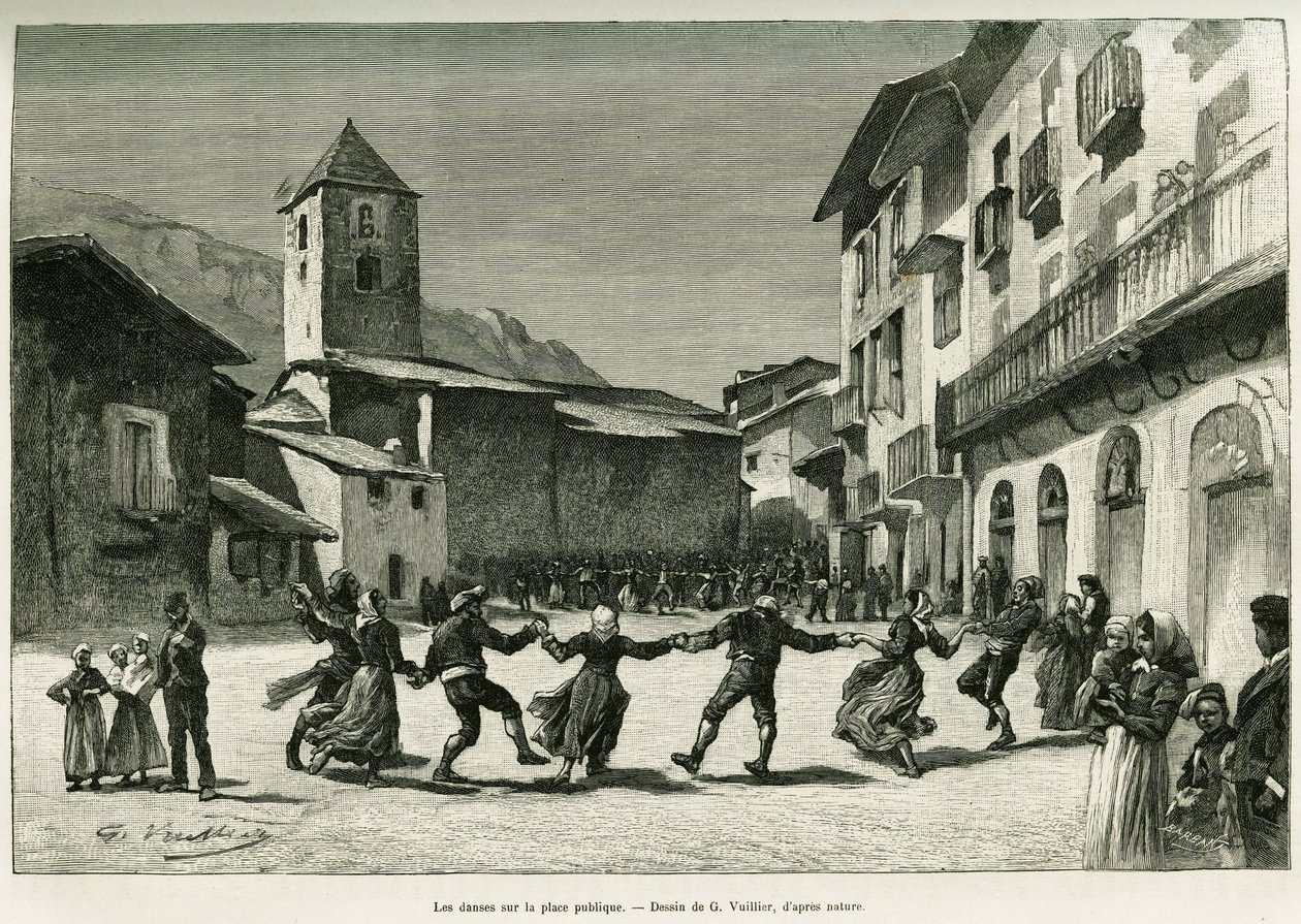 Dança na praça pública. Gravura de G.Vuillier, para ilustrar a história Le val d