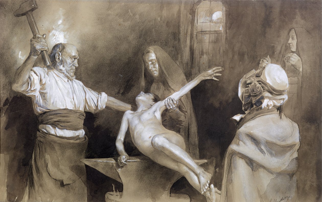 Martelando o baço (lápis e lavagem no papel) de Gaston Vuillier