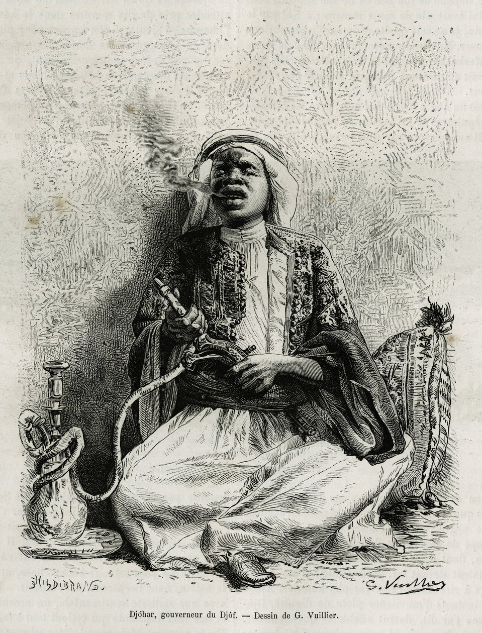 Retrato de Djohar, governador do djof (agrupamento de 7 ou 8 aldeias, construídas a uma distância de 10 minutos uma da outra, online), narguilé fumador. Gravura de G.Vuillier, para ilustrar a história "pelerinage au Nedjed, berço da raça árabe", de Lad de Gaston Vuillier