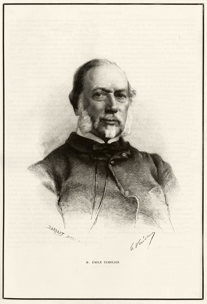Retrato de Emile Templier (1821- 1891), colaborador de Louis Hachette (1800-1864), encarregado da fabricação do "Tour du monde". Gravura de G.Vuillier, para ilustrar a história "From Paris to Tonkin, through the unknown Tibet" de Gabriel Bonvalo de Gaston Vuillier