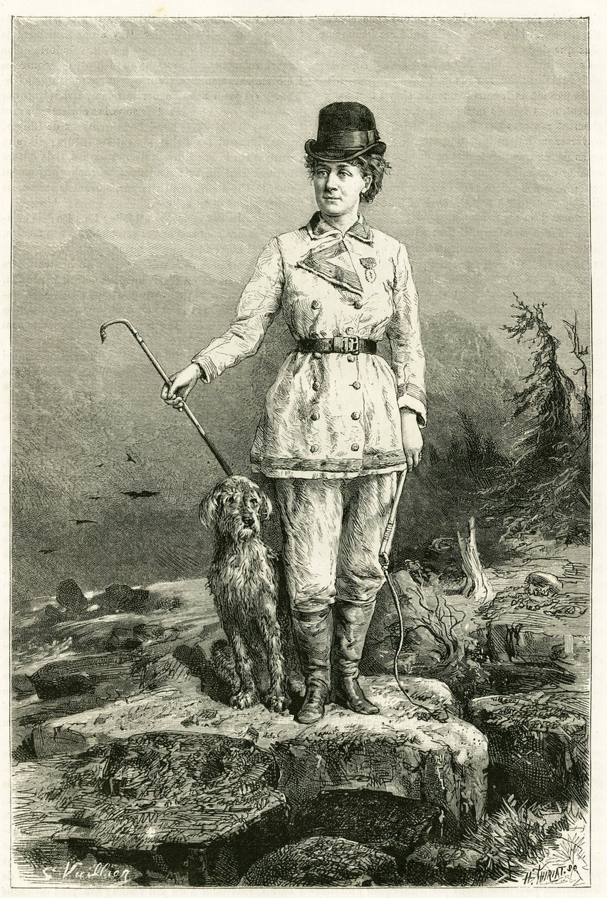 Retrato de Madame Marie De Ujfalvy-Bourdon, em vestido de viagem, com seu cão, casada com o linguista etnólogo e explorador Charles Eugene Ujfalvy (1842-1904), ela o acompanhou em todas as suas expedições. Gravura de G.Vuillier, depois da natureza, para il de Gaston Vuillier