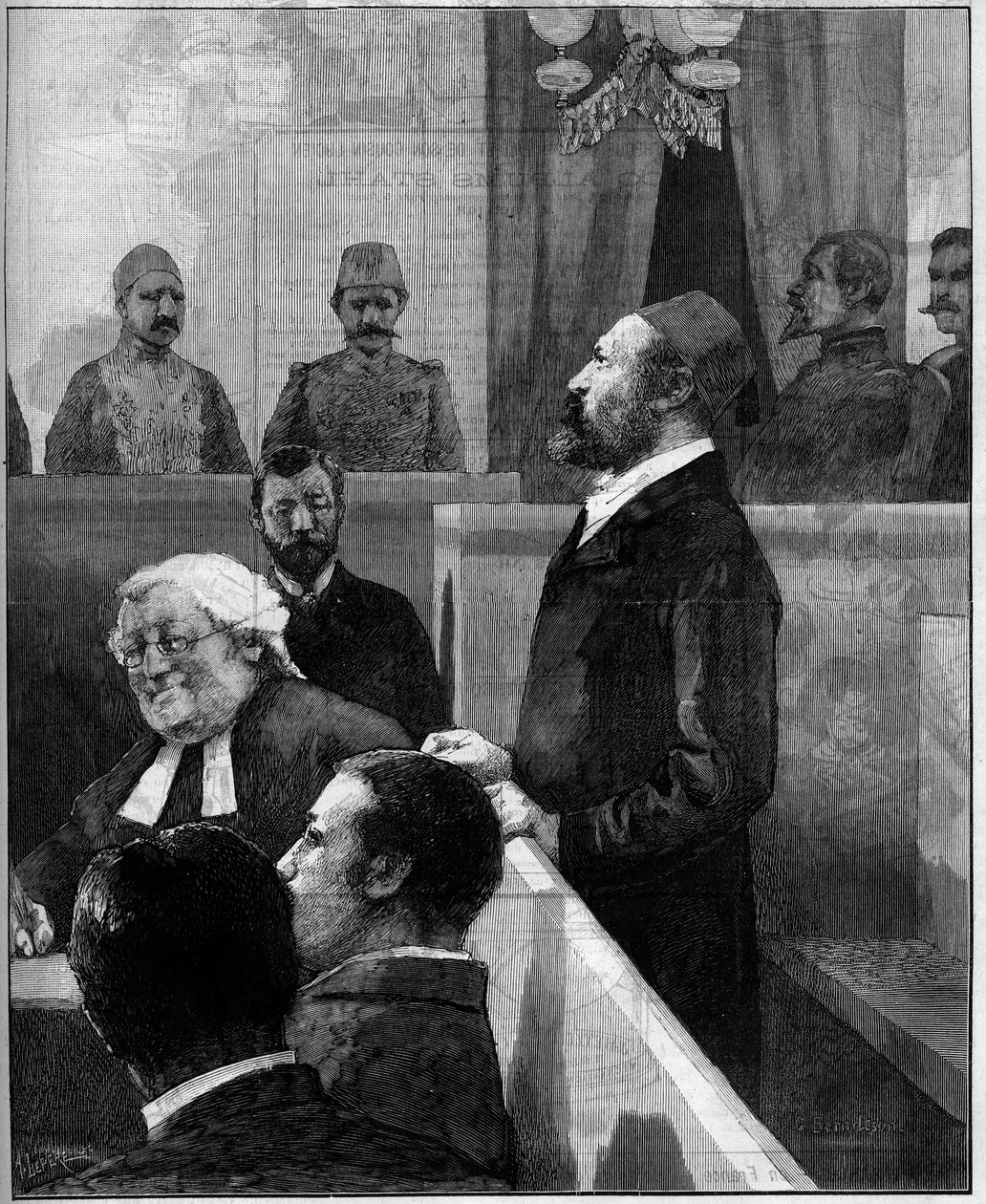 Procesos da Arabi Pasha egípcia (Orabi Pasha, Ahmed Urabi) (1841-1911), organizador do motim anti-europeu de Alexandria em junho de 1882. Gravura de Vuillier em "Le Monde Illustré" n°1343 de 13 de Dezembro de 1882. de Gaston Vuillier