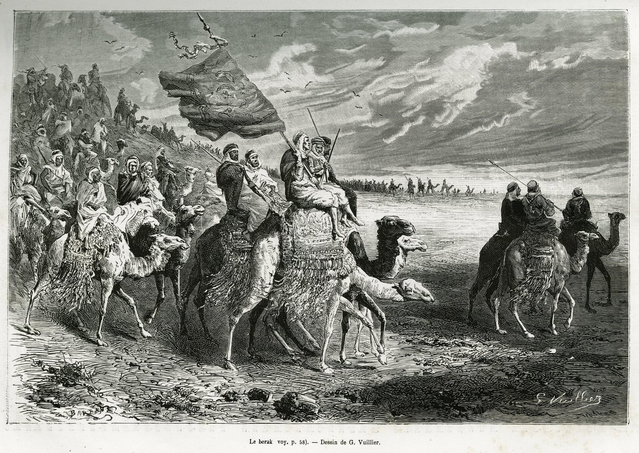 O Berak, a bandeira do Emir Ibn Al Rashid (1872-1890) (Arábia Saudita). Gravura de G.Vuillier, para ilustrar a história "Pelerinage au Nedjed, berço da raça árabe", de Lady Anna Blunt, em 1878-1879, publicada no Tour du monde, sob a direcção de Gaston Vuillier