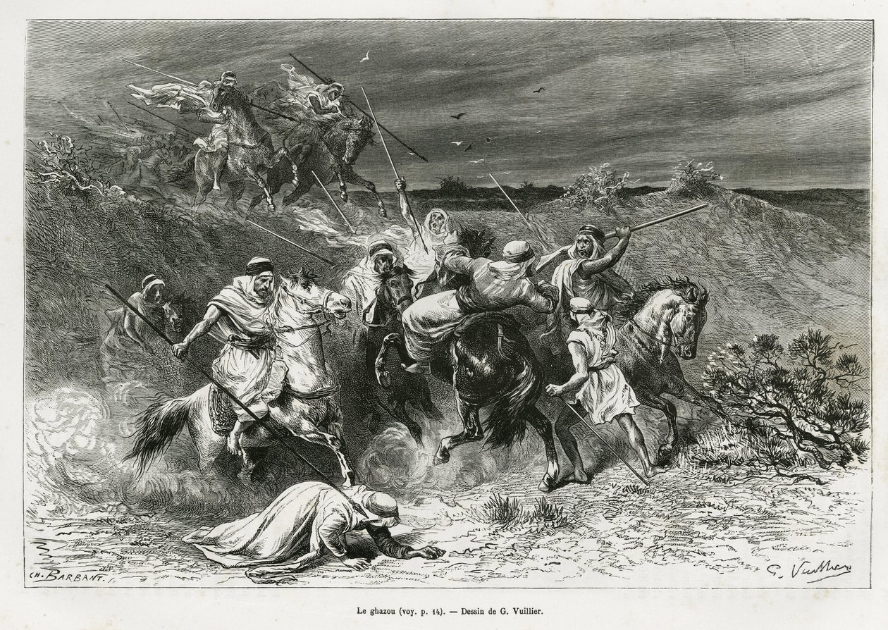 O Ghazou, ou razzia, saqueando com uma mão. Gravado por G.Vuillier, para ilustrar a história "pelerinage au Nedjed, berço da raça árabe", de Lady Anna Blunt, em 1878-1879, publicado no Tour du monde, sob a direcção de Edouard Charton (1807- de Gaston Vuillier