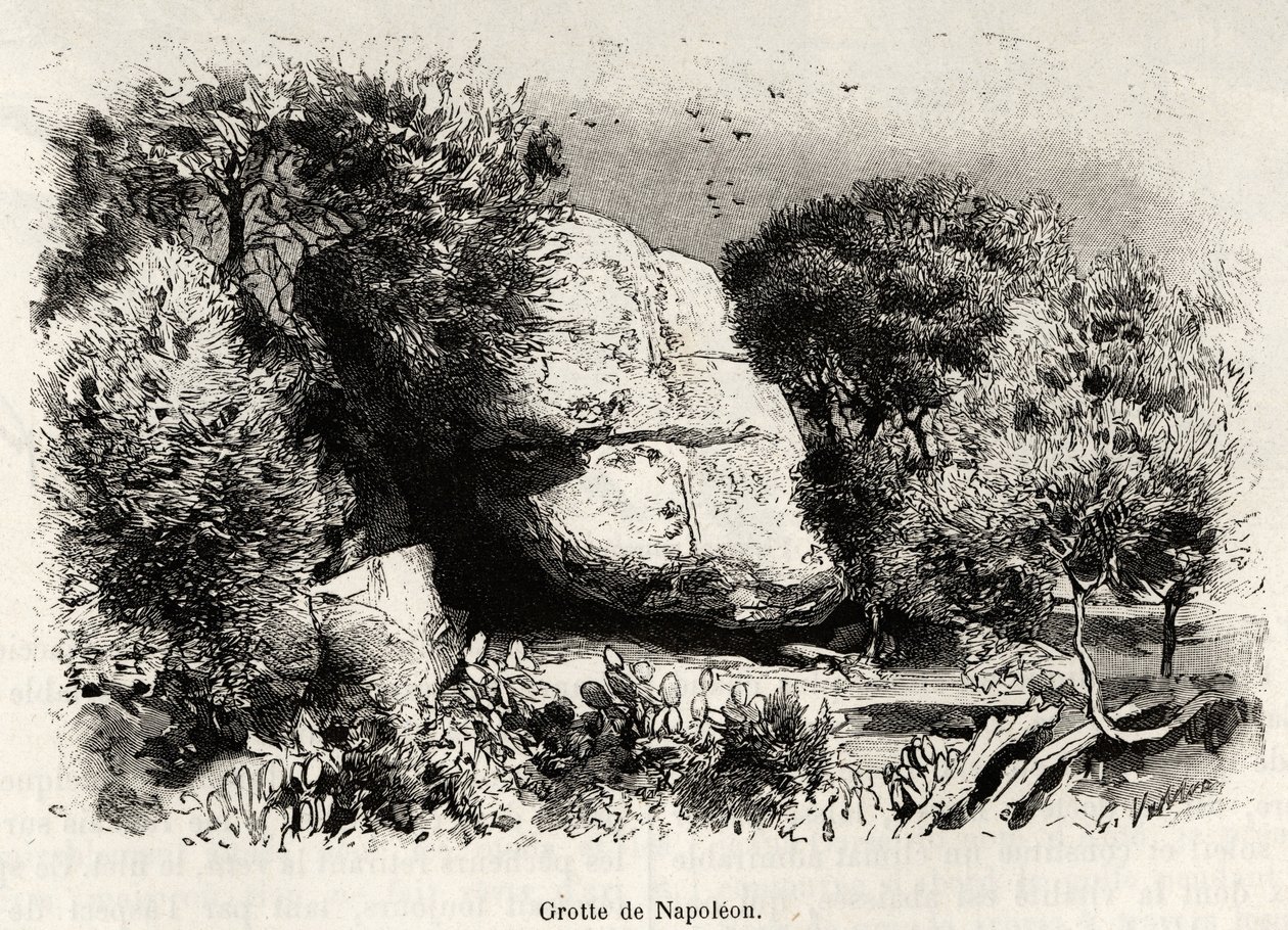 A caverna Napoleão, ou Napoleão Bonaparte (1769-1821) gostava de se refugiar quando criança para estudar e meditar. Gravura e história "La Corse" de Gaston Vuillier (1845-1915), em 1890, em Le tour du monde, nouveau journal des voyages, sob a direção de de Gaston Vuillier