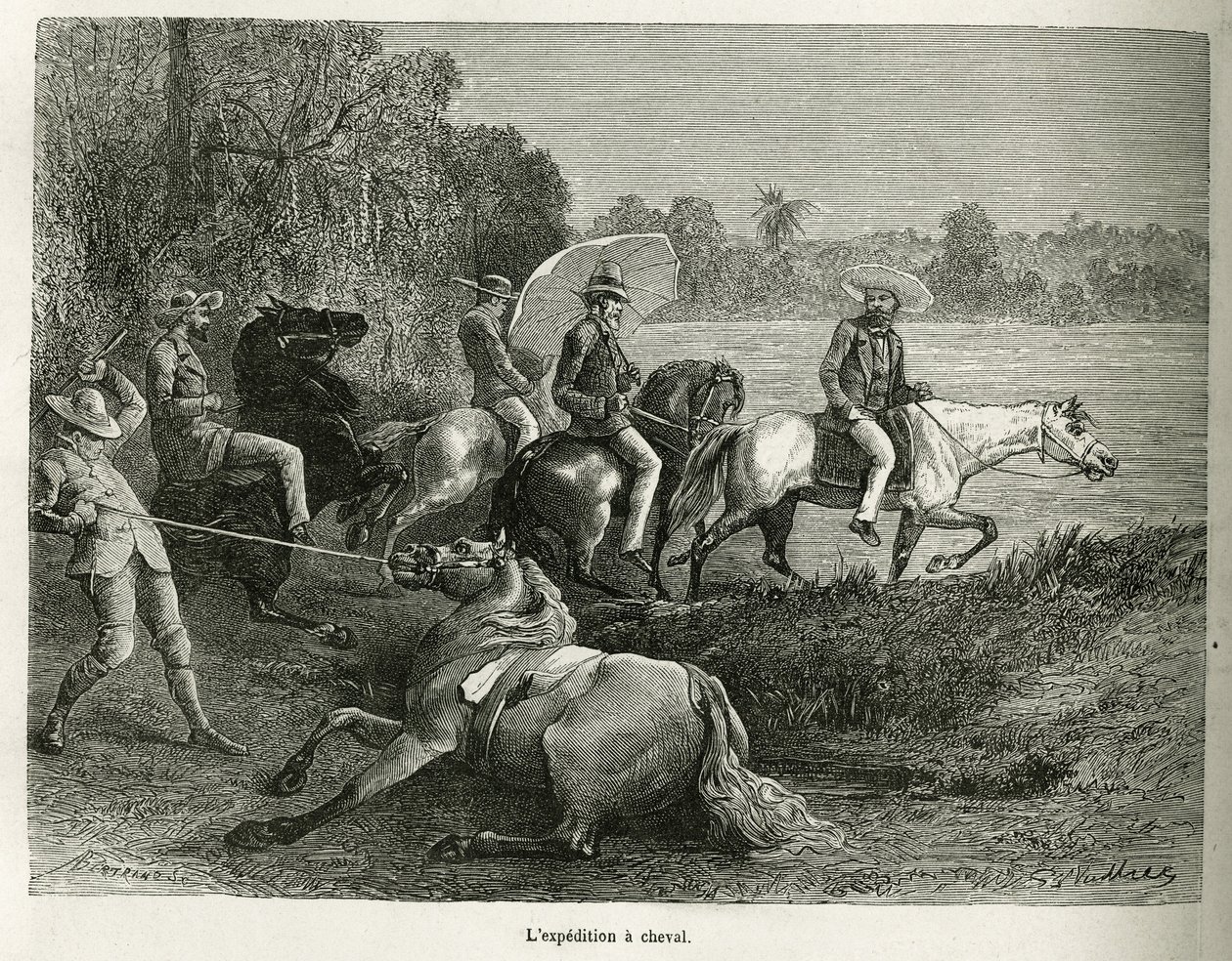 A expedição a cavalo para a exploração do vale do Terable, gravada após um desenho de G.Vuillier, para ilustrar a história De Cayenne aux Andes, de Jules Crevaux, médico da marinha francesa, em 1878-1879, publicada no tour du monde, unde de Gaston Vuillier