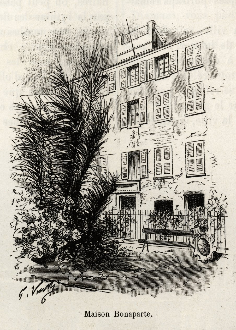 A fachada da casa Bonaparte, na qual Napoleão Bonaparte (1769-1821) não está. Gravura e história "La Corse" de Gaston Vuillier (1845-1915), em 1890, em Le tour du monde, nouveau journal des voyages, sob a direção de Edouard Charton (1807-189 de Gaston Vuillier