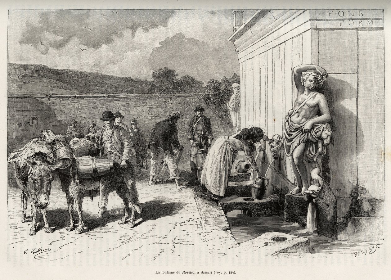 A fonte do Rossello, em Sassari (Itália). Atividades diárias, mulher enchendo um nicho e carregadores de água com seus burros, enchendo seus barris. Gravura e história "La Sardaigne" de Gaston Vuillier (1845-1915), em 1890, em Le tour du monde, nouv de Gaston Vuillier