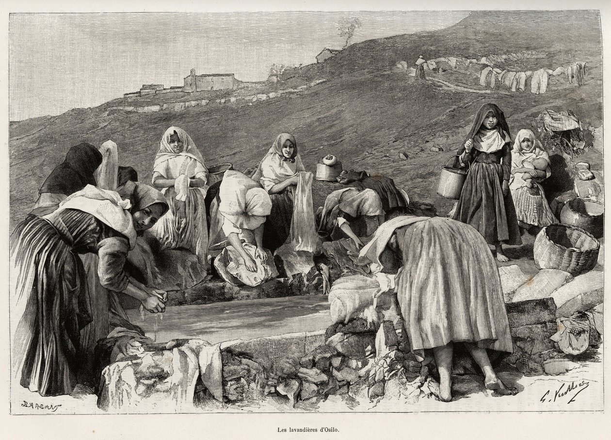 A lavanda de Osilo (Itália), mulheres reunidas em torno da bacia. Gravura e história "La Sardaigne" de Gaston Vuillier (1845-1915), em 1890, em Le tour du monde, nouveau journal des voyages, sob a direcção de Edouard Charton (1807-1890), 2º semeste de Gaston Vuillier