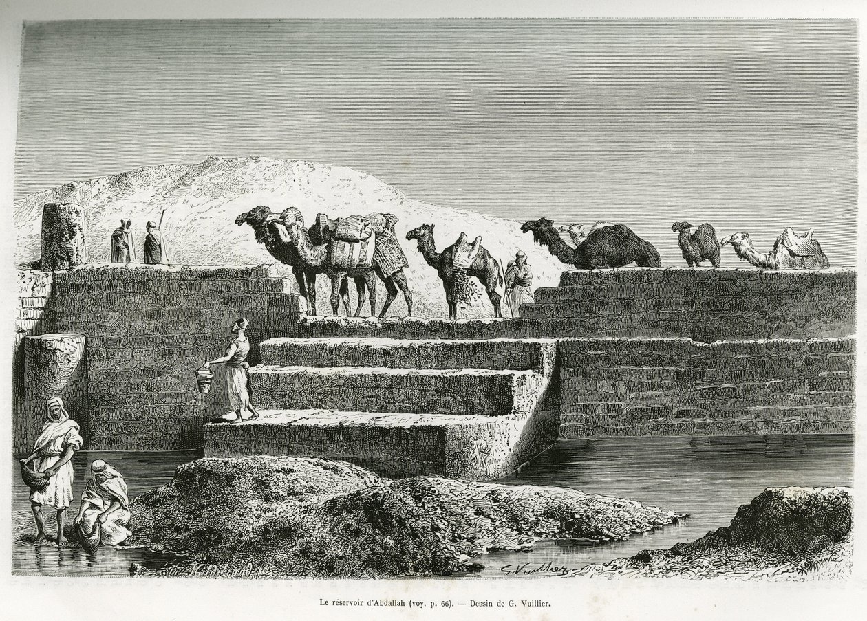 O reservatório de Abdallah (Arábia Saudita). Gravura de G.Vuillier, para ilustrar a história "Pelerinage au Nedjed, berço da raça árabe", de Lady Anna Blunt, em 1878-1879, publicada no Tour du monde, sob a direcção de Edouard Charton (1807-18 de Gaston Vuillier
