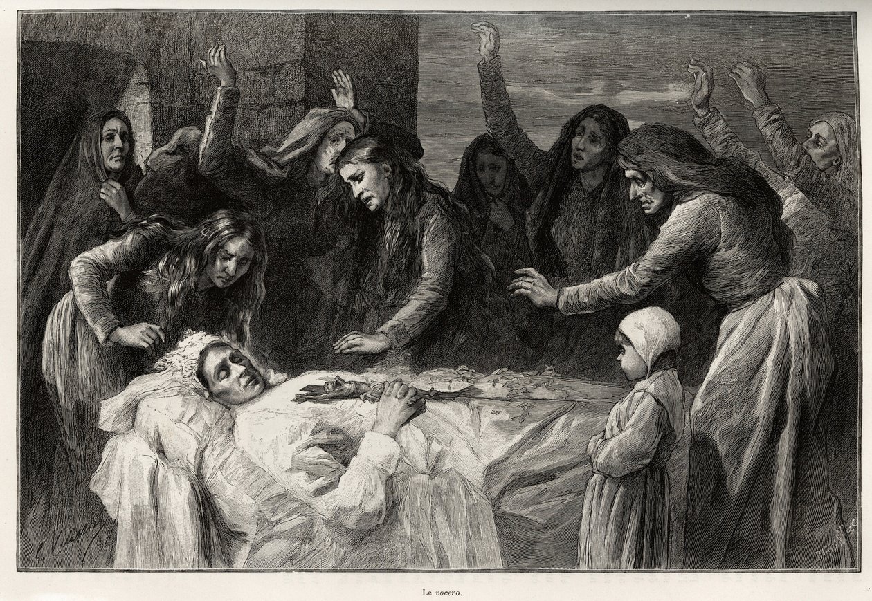 O vocero, canção funebre corsa que chama à vingança. Gravura e história "La Corse" de Gaston Vuillier (1845-1915), em 1890, em Le tour du monde, nouveau journal des voyages, sob a direção de Edouard Charton (1807-1890) de Gaston Vuillier