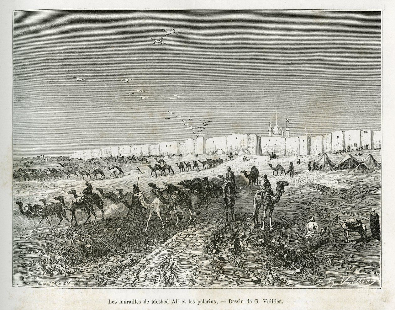 As paredes de Meshed Ali (Ali Ibn Abi Talib, falecido em 661, primo, discípulo e genro de Muhammad (570-632)) estão localizadas na mesquita de Najaf (Iraque) e os pelerins se reúnem para celebrar o primeiro e pai de todos os imãs. Gravura de G.Vuillier, pa de Gaston Vuillier