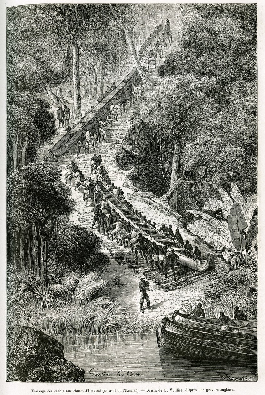 Canoas de arrasto em Innkissi Falls (ou Livingstone Falls) (Congo), sob a direcção de Sir H.M.Stanley (1841-1904), desenho de G.Vuillier, para ilustrar a história "Through the Mysterious Continent", uma viagem feita entre 1874-1877, por Sir H.M.Stanley. E de Gaston Vuillier