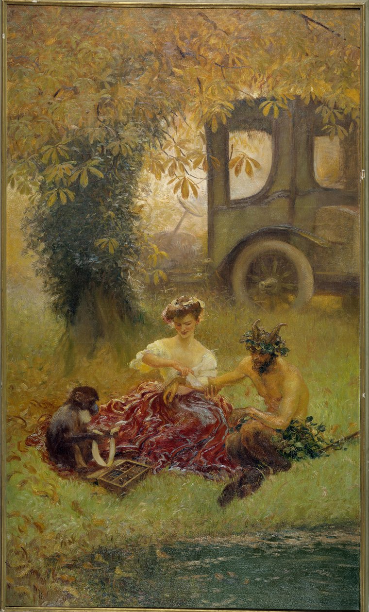 Uma jovem mulher assistida por um macaco cura uma vida selvagem (pintura) de Gaston de la Touche