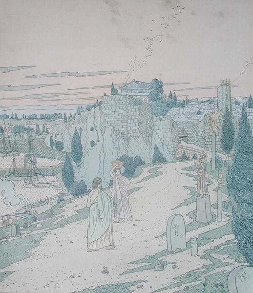Ulisses encontra a deusa Minerva disfarçada de menina com um jarro, ilustração do Livro 6 da Odisséia, traduzido por Lecomte de l