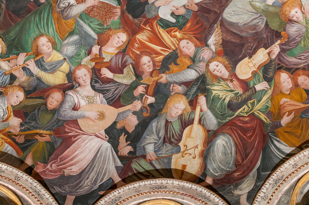 Detalhe da Assunção de Nossa Senhora, conhecida como "O coro de anjos tocando música", Cúpula do transepto, de 1534 (fresco) de Gaudenzio Ferrari