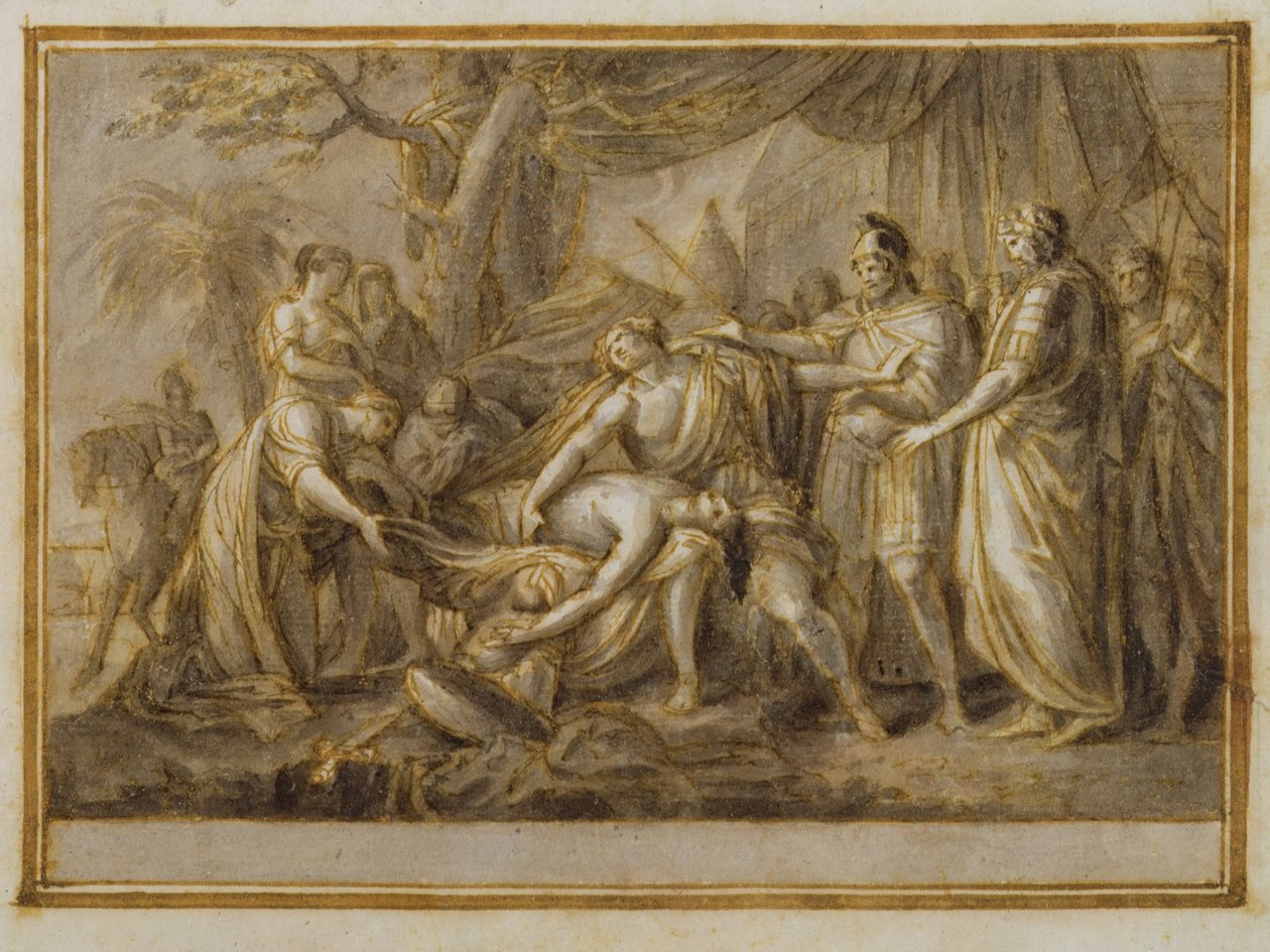 Aquiles, Lamentando a morte de Pátroclo, 1760-63 (caneta e tinta e lavar no papel) de Gavin Hamilton