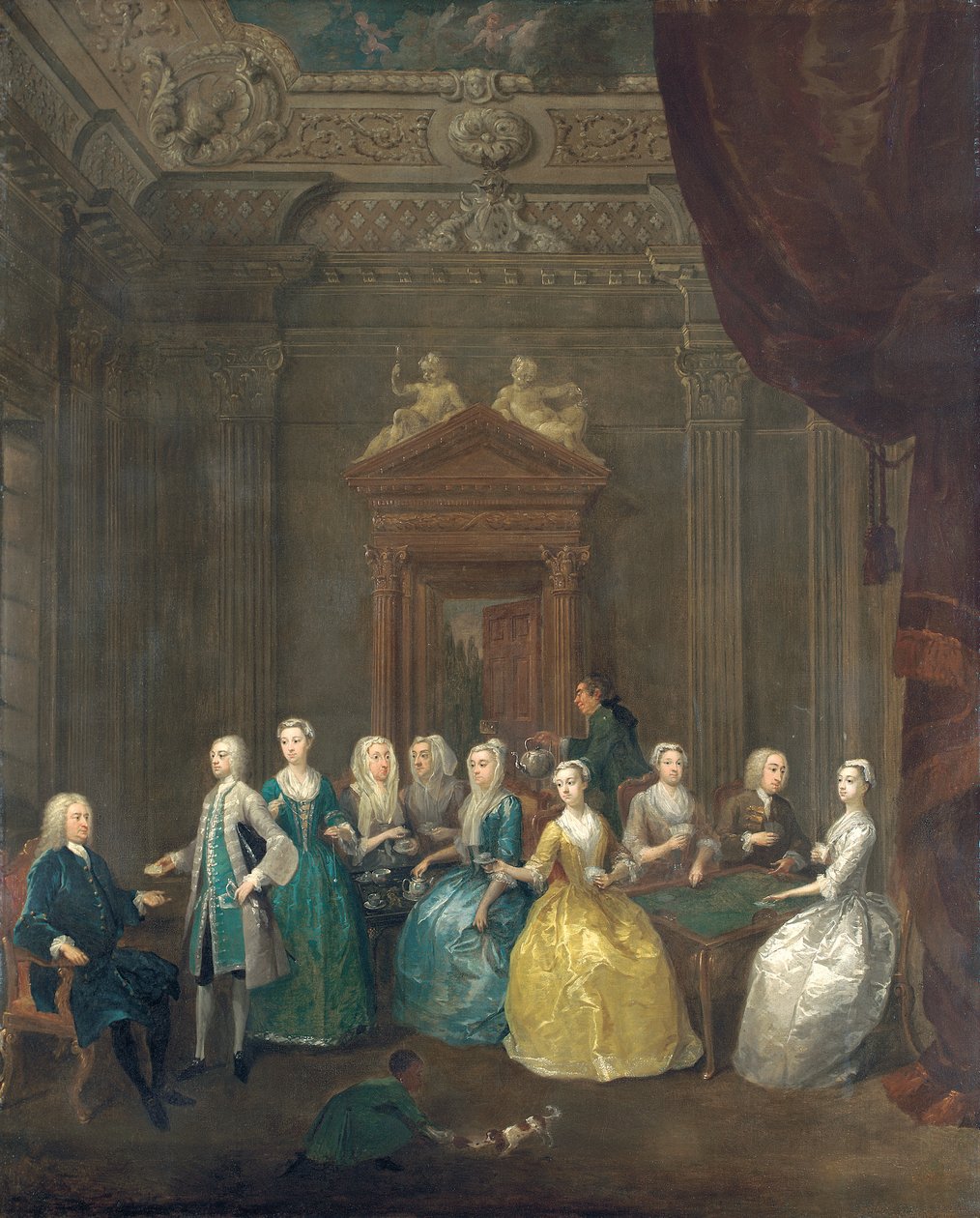 Retrato da família Porten tomando chá em um interior luxuoso de Gawen Hamilton
