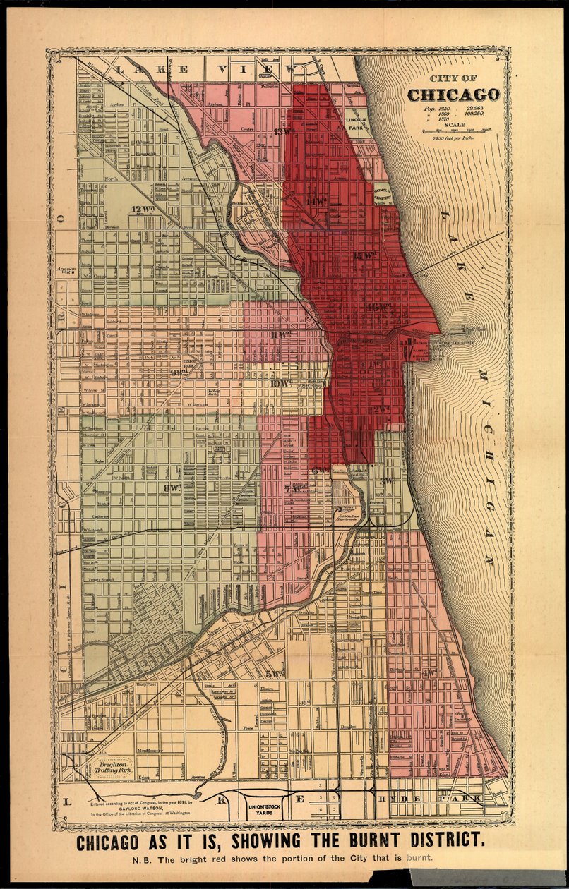 Chicago como está, mostrando o distrito queimado, da história dos grandes fogos em Chicago e no oeste por Edgar Johnson Goodspeed, publicado Chicago, 1871 (litho colorido à mão) de Gaylord Watson