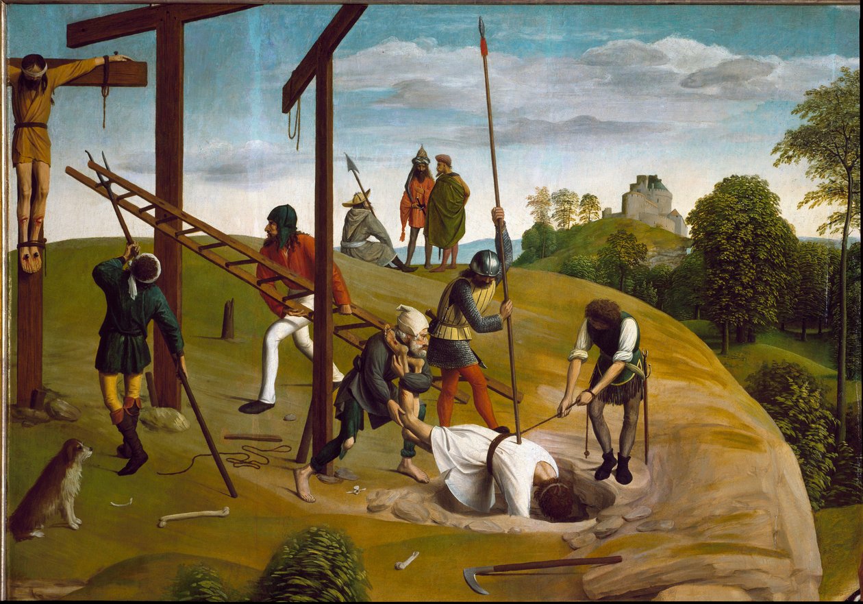Lamentação sobre a morte de Cristo. Detalhe da descida da cruz. (Pintura de Geertgen Tot sint Jans
