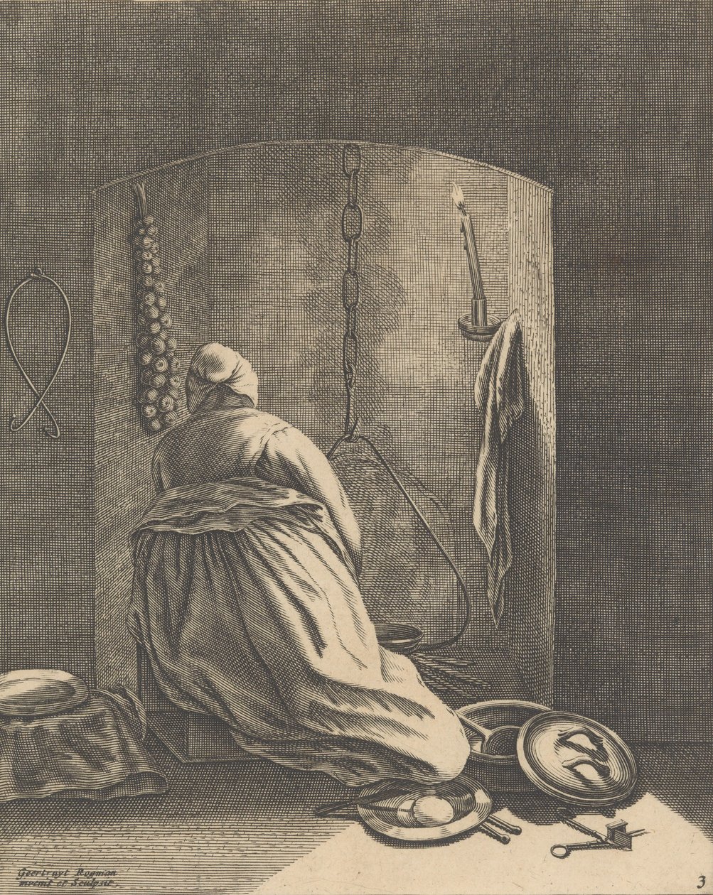 Uma Mulher Cozinhando, Placa 3 de Cinco Ocupações Femininas, c. 1640-57., c. 1640-57. de Geertruydt Roghman