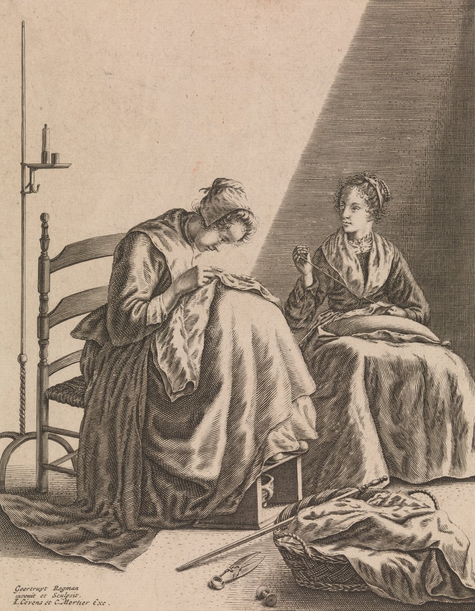 Duas Mulheres Costurando, Placa 1 de Cinco Ocupações Femininas, ca. 1640-57. de Geertruydt Roghman