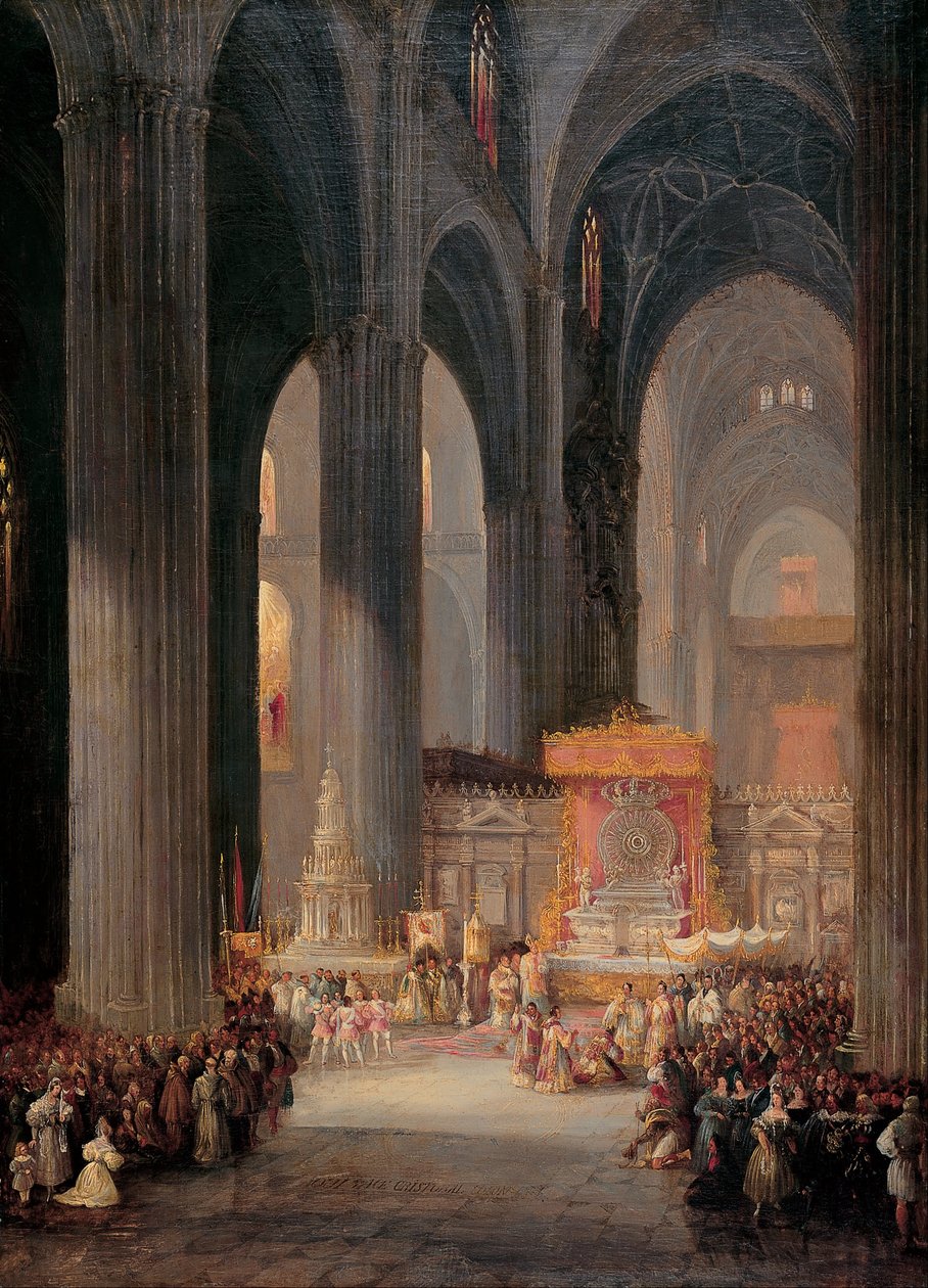 A procissão de Corpus Christi dentro de Sevilha Catedral de Genaro Pérez Villaamil