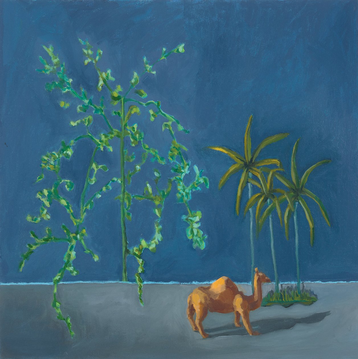 Camelo e duas árvores, 2019 (óleo sobre tábua) de Genevieve French