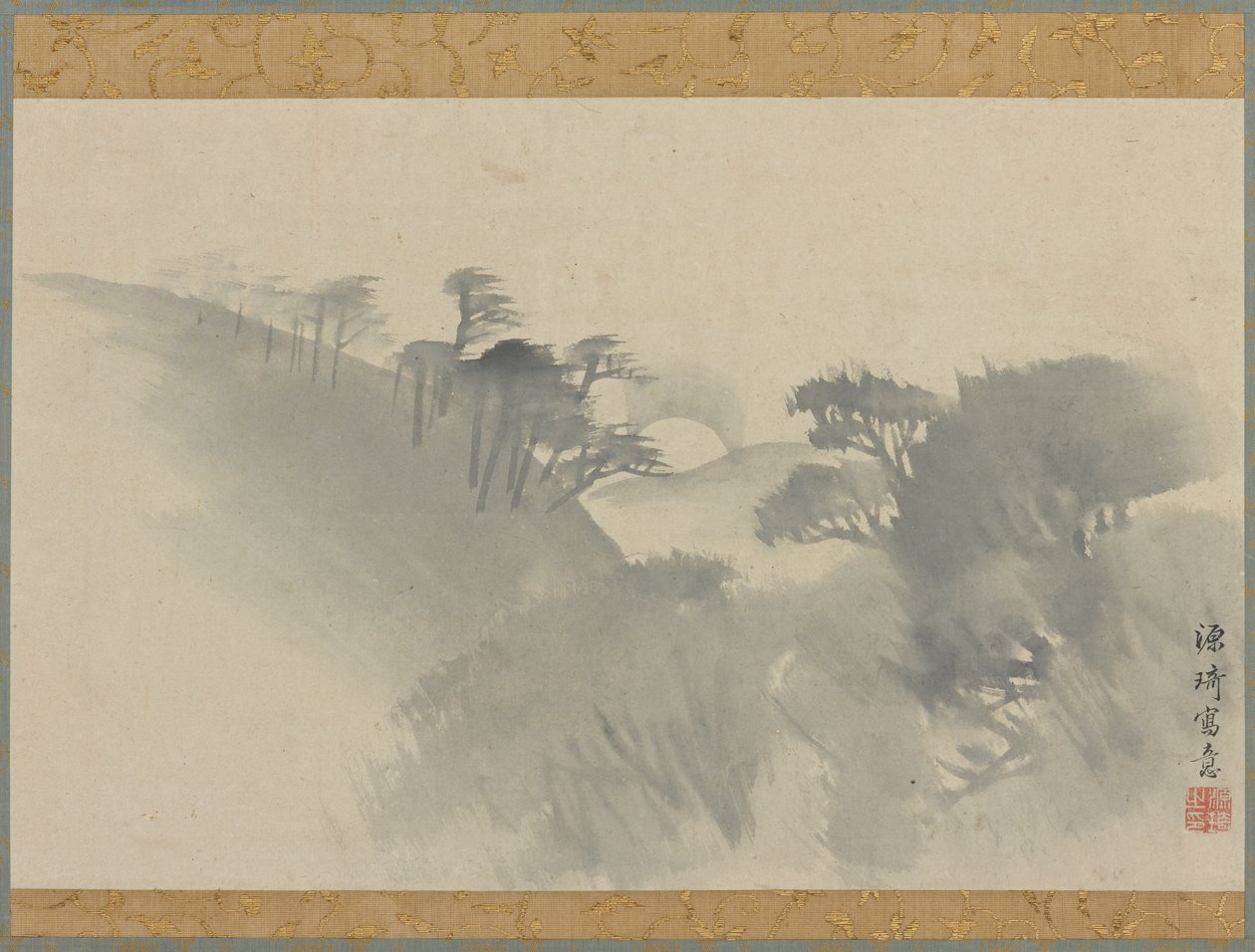 Paisagem com colina, árvores e nascer da lua, período Edo, 1747-1868. de Genki