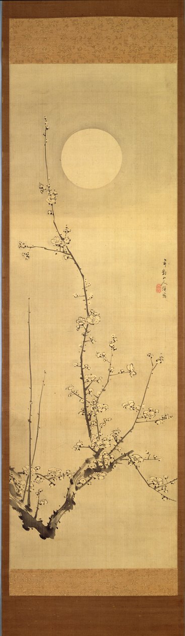 Florescendo árvore de ameixa contra a lua cheia, c.1800-22 (tinta em seda) de Gentai Sanjin