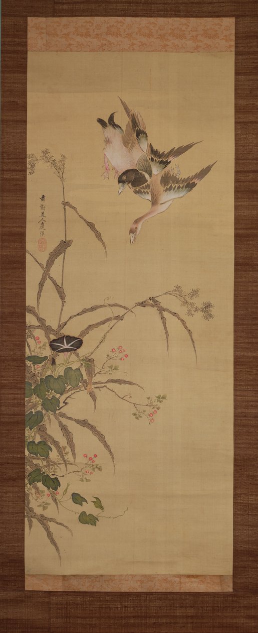 Patos, flores e gramíneas, c.1800-22 (tinta e cores sobre seda) de Gentai Sanjin