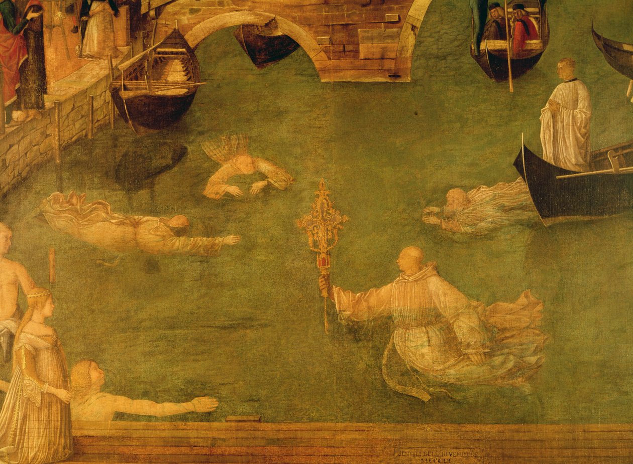 Milagre da Cruz na Ponte de S. Lorenzo, detalhe dos monges a nadar, 1500 têmpera sobre tela de Gentile Bellini