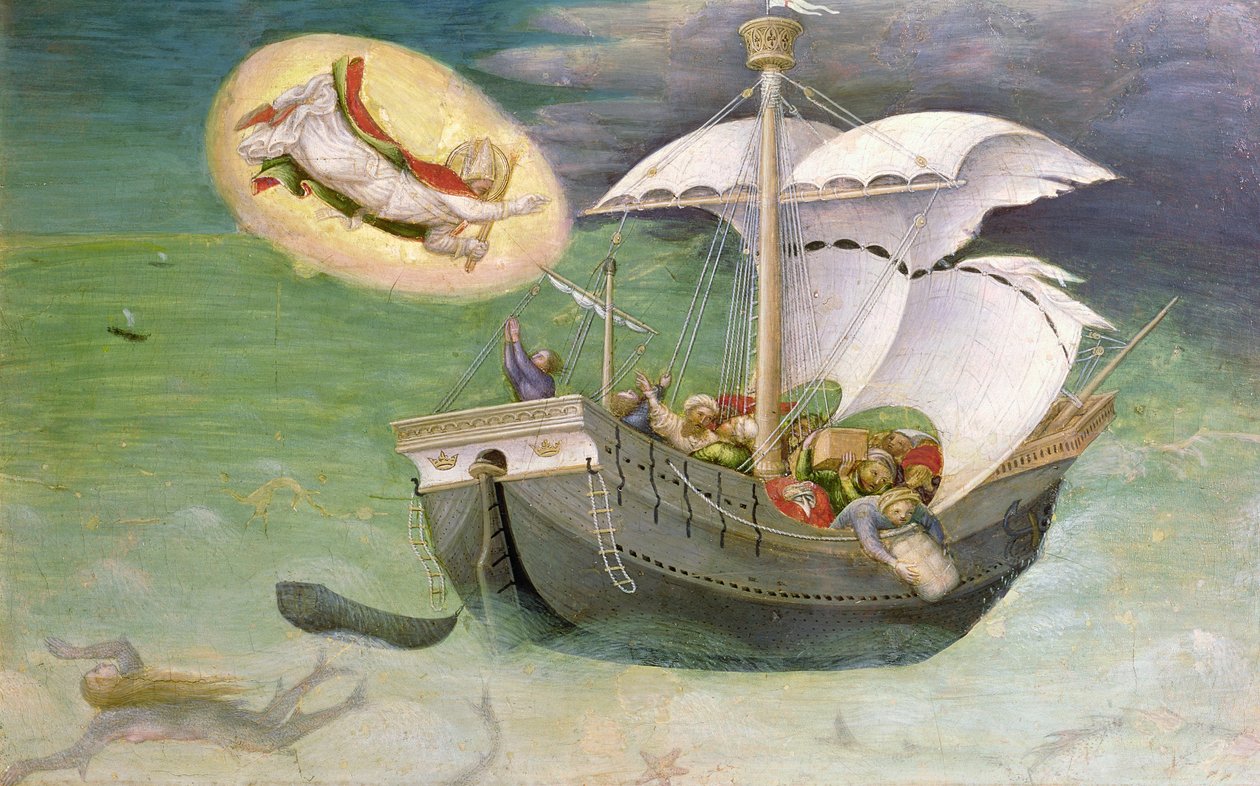 São Nicolau salva um navio dos destroços, painel predella do retábulo de Quaratesi, 1425 (têmpera no painel) de Gentile da Fabriano