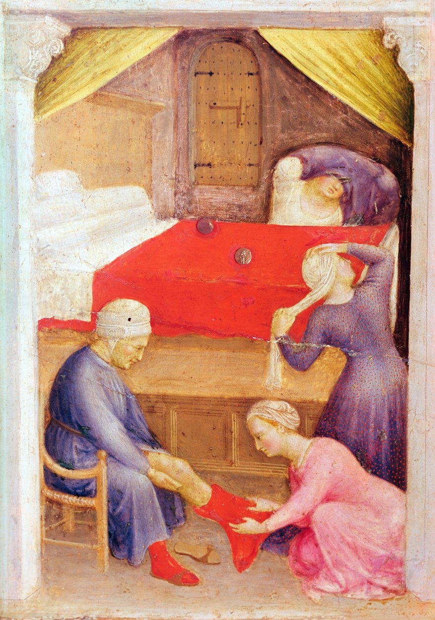 São Nicolau e as Três Pobres Donzelas, detalhe do painel de predetes do Retábulo de Quaratesi, 1425 (têmpera no painel) de Gentile da Fabriano