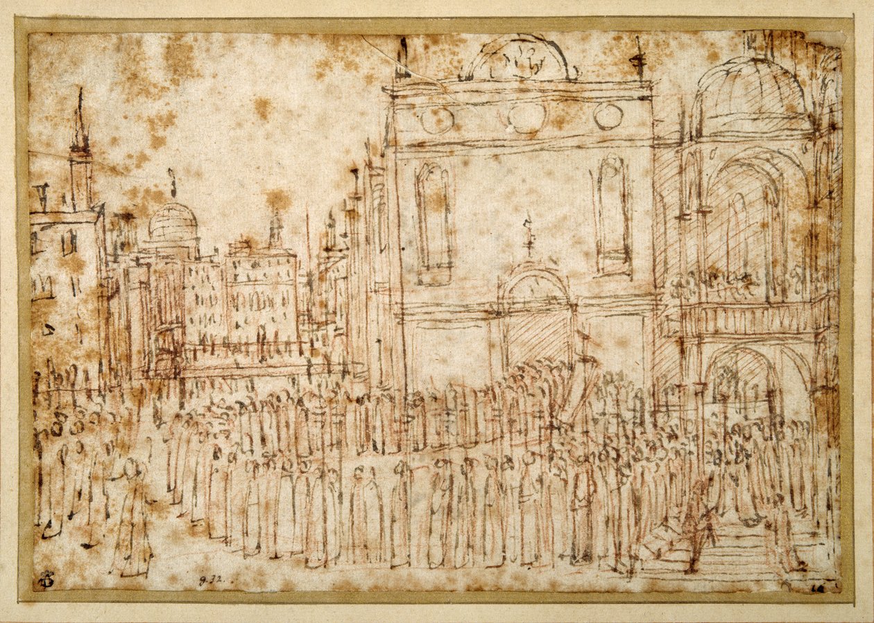 Uma procissão veneziana passando de uma scuola para uma igreja de apoio (caneta e tinta sobre giz sobre papel) de Gentile Bellini