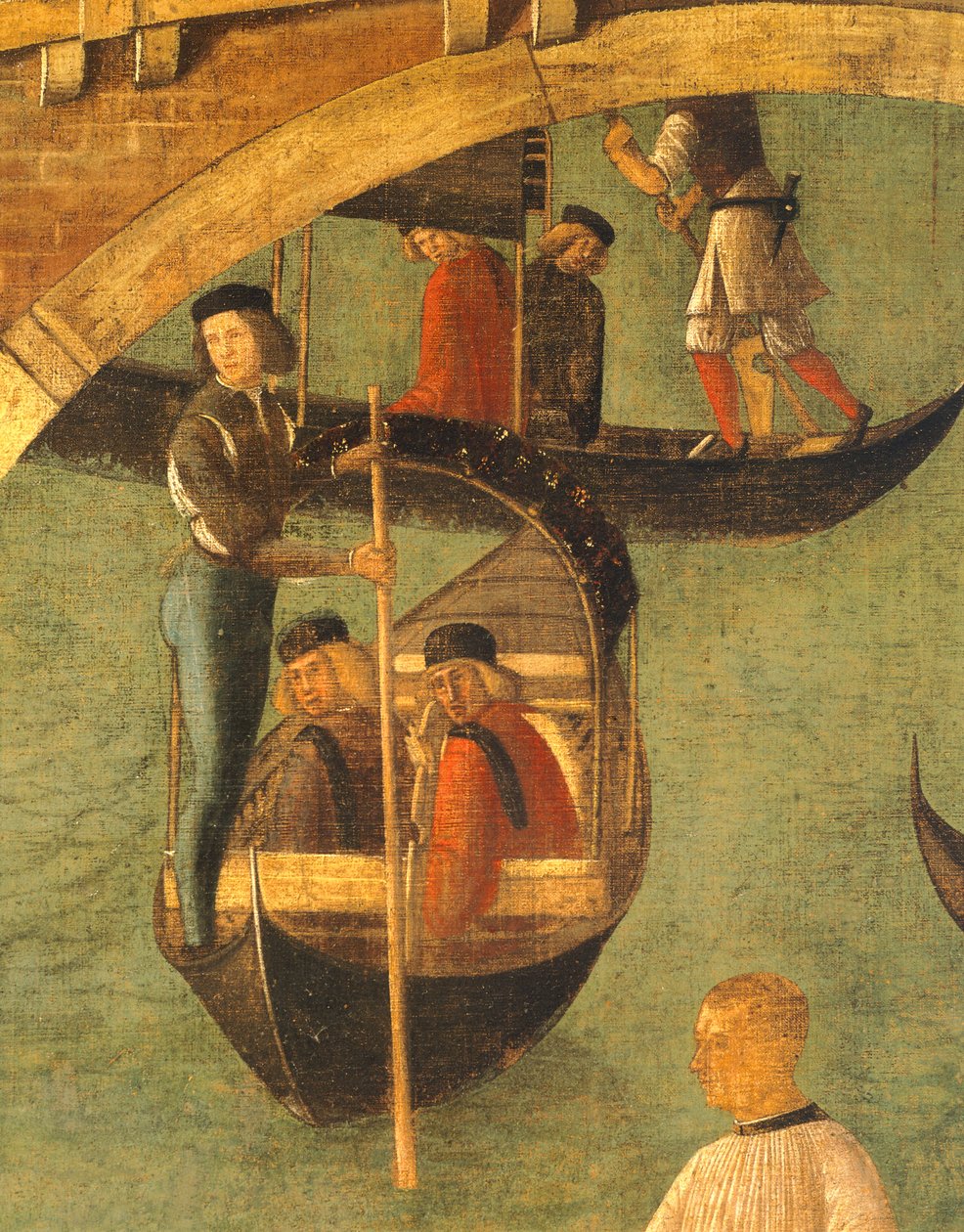 Milagre da Cruz na Ponte de São Lourenço por Gentile Bellini (1429-1507), tempera sobre madeira, 323x430 cm, detalhe, cerca de 1500 de Gentile Bellini