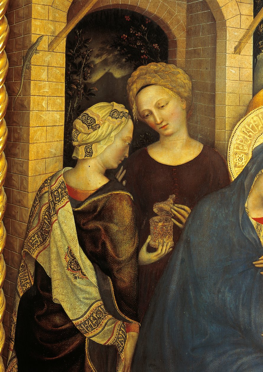 Adoração do detalhe dos Magos dos criados de Gentile da Fabriano