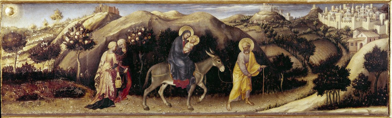 Altarpiece of Adoration of the Magi: Flight to Egypt - painel central (óleo sobre painel de Gentile da Fabriano