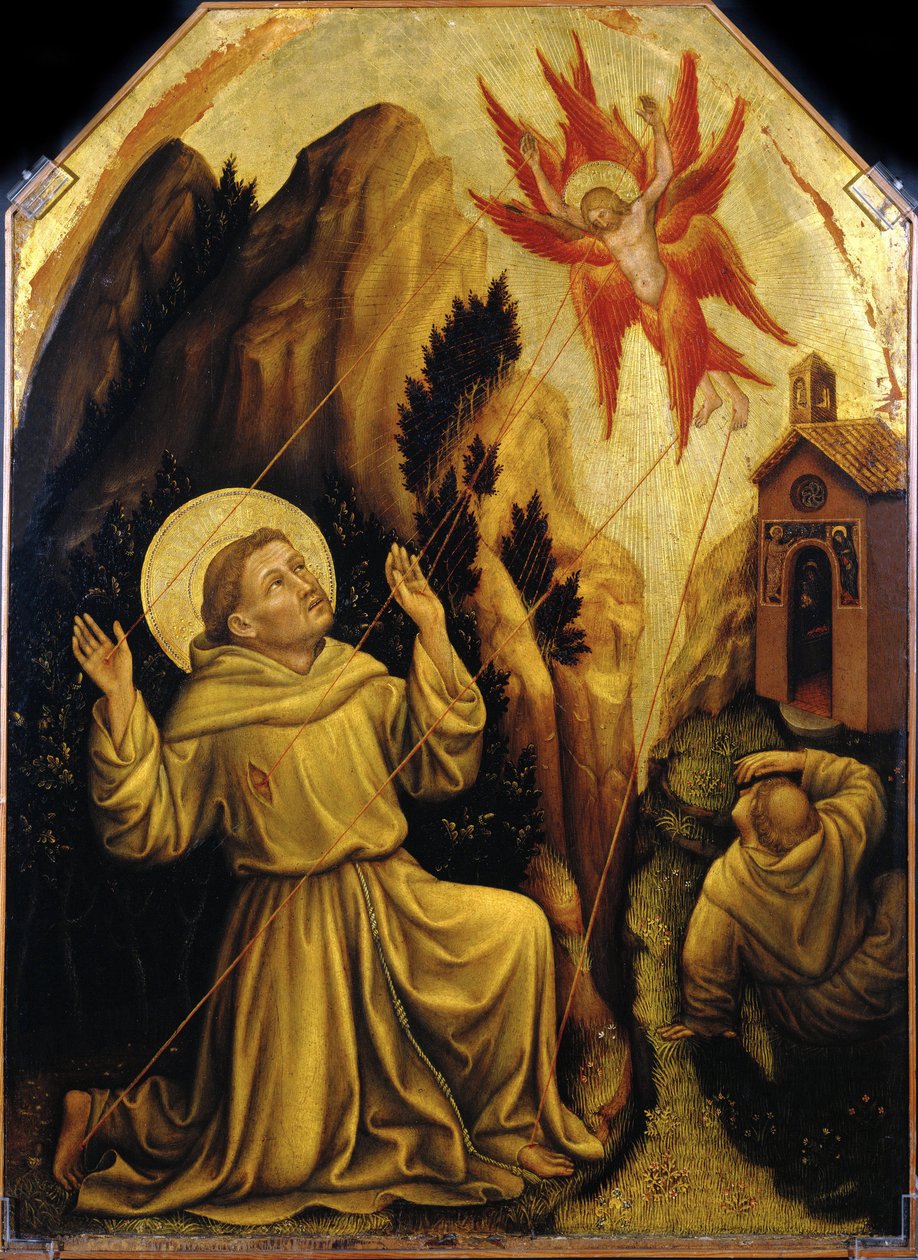 São Francisco - São Francisco recebendo os Estigmas par Gentile da Fabriano (ca. 1370-1427). Tempera em painel, tamanho : 87x64, c.1420, Fondazione Magnani Rocca, Mamiano di Traversetolo de Gentile da Fabriano